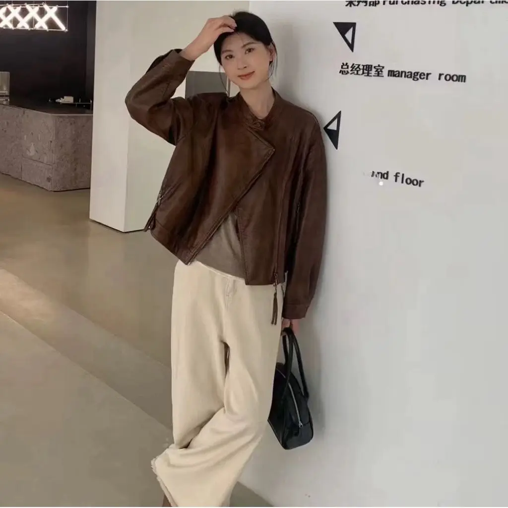 Retro Stand Up Collar Zipper Leather Motorcycle Suit For Women 2025 Spring And Autumn Loose Jacket Fashion Jacket