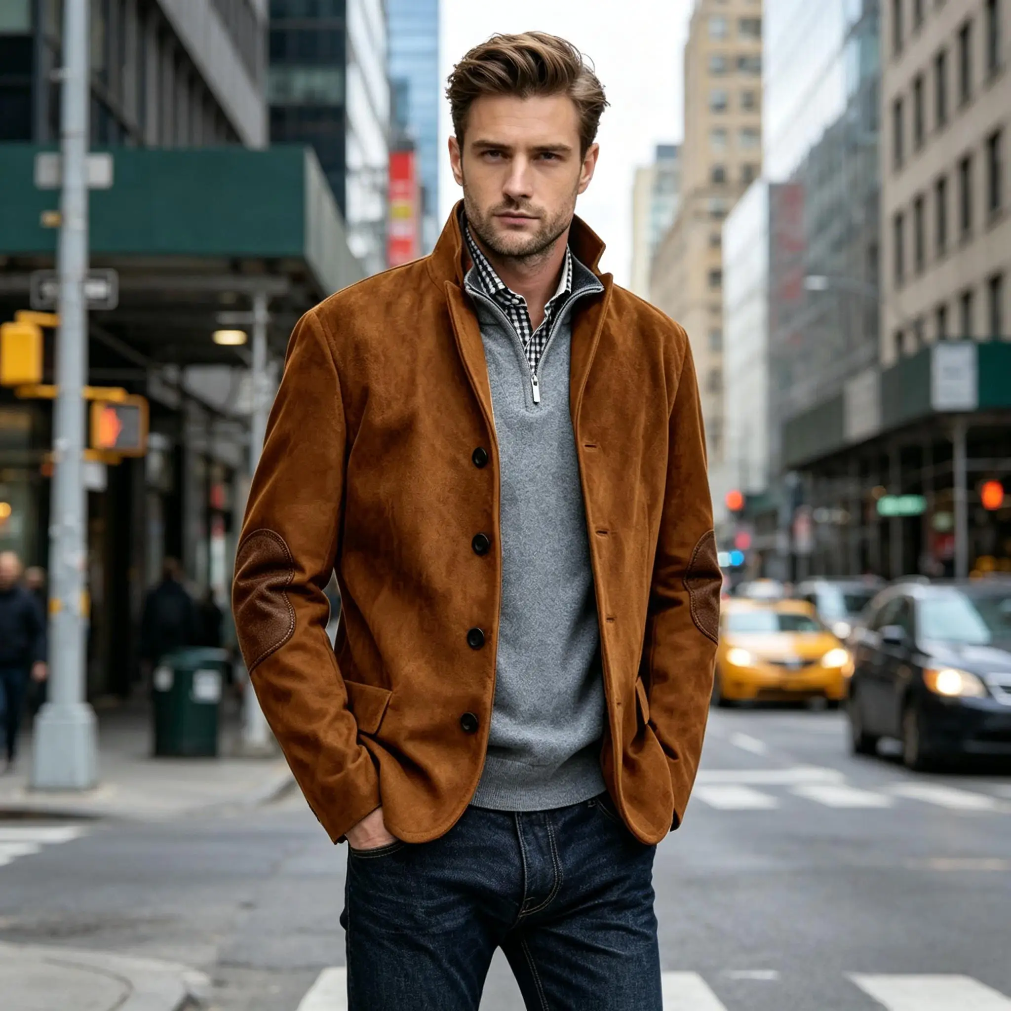 Men's Premium Suede Blazer With Elbow Patches Stand Collar Casual Gentleman Jacket For Daily Casual Wear Outdoor ﻿