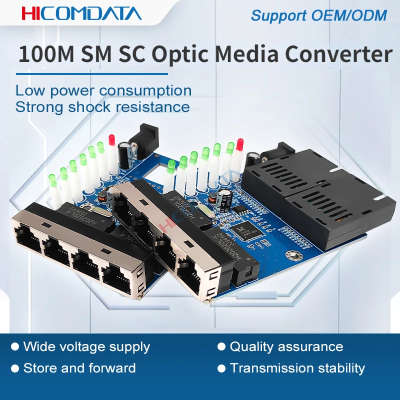 100M SM SC Ethernet Fiber Optic Media Converter 2 Fiber Port 4 RJ45 Port Optical Fiber Equipment Switch DC 12V 20KM PCBA