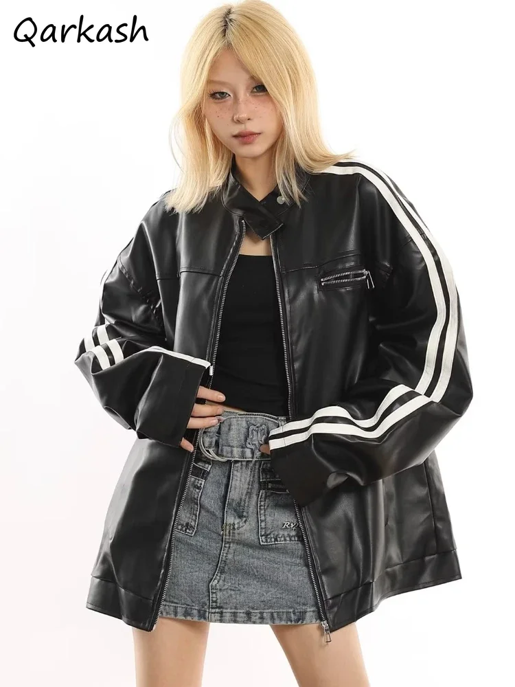 

Women Jackets Patchwork Autumn New American Style Vintage Pu-leather Long Sleeve Contrast Color Unisex Couple Hipster Prevalent