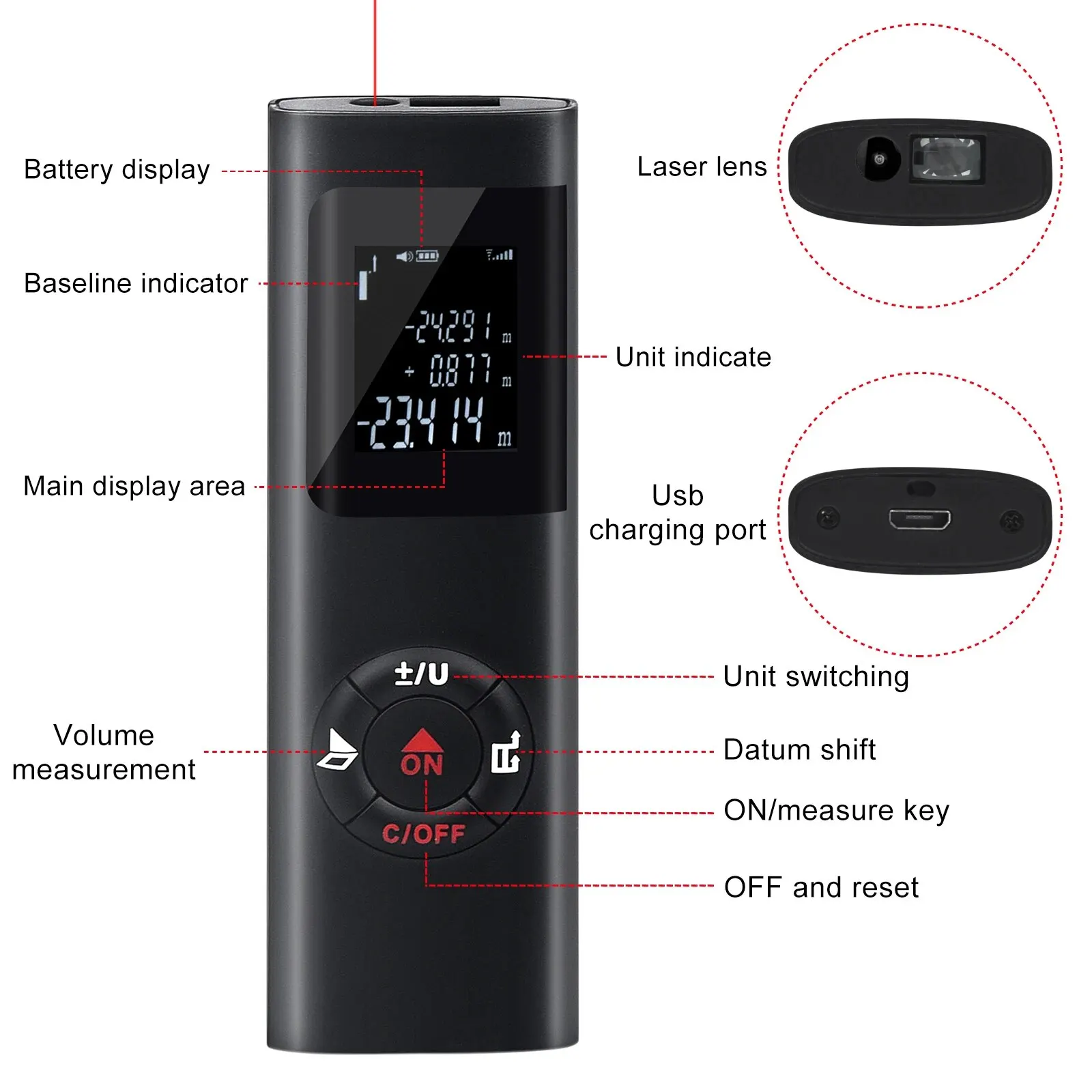 40M/60M Mini Smart Laser Afstandsmeter Meten Infrarood Afstandsmeter USB Oplaadbare Draagbare Handheld Laser afstandsmeter Gereedschap