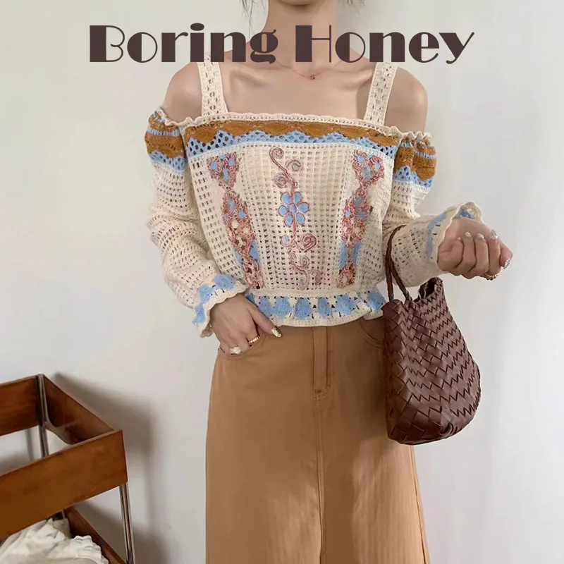 

Boring Honey Design Sexy Off-The-Shoulder Long-Sleeved Shirt New Sweet Age-Reducing Hollow Out Top Embroidered Slim Tops Women