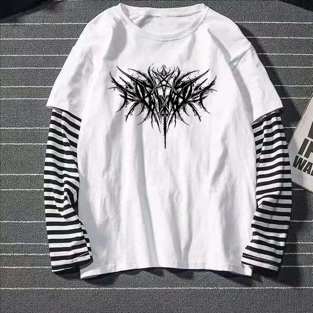 Damen Y2K Print Grafik Fake Two Langarm-T-Shirts Mode Gothic Retro Lässig Locker Geschnittenes Fake Two Langarm-T-Shirt – Detail 3
