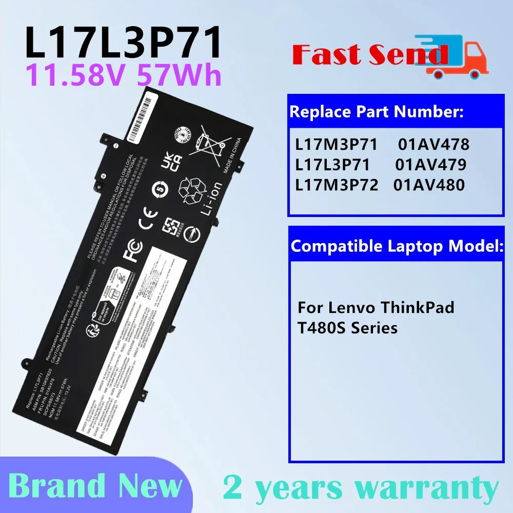 

SB10K97620 Laptop Battery for Lenovo ThinkPad T480S L17M3P71 01AV478 L17L3P71 01AV479 L17M3P72 01AV480
