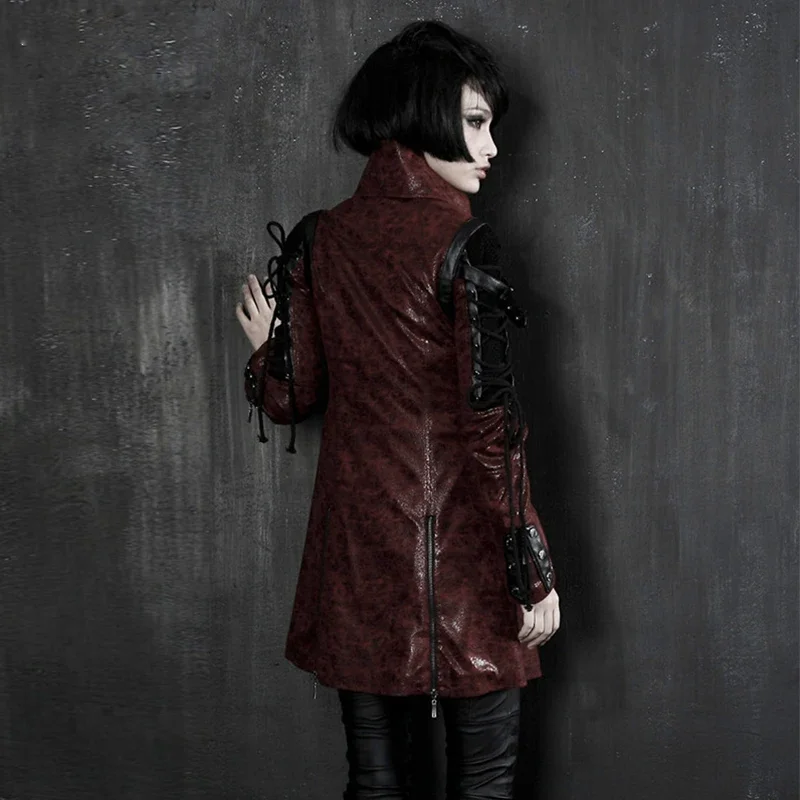 PUNK RAVE Gothic Style Women Vampire Red Punk Studded Heavy Pu Motorcycle Jacket Leather Fashion Brand Quality Long Coat