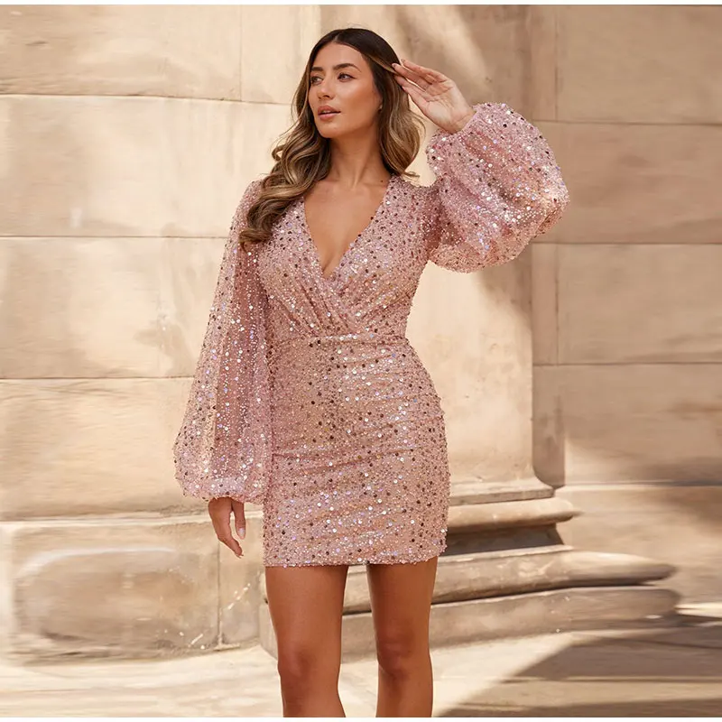 2023 Elegant Fashion V-Neck Lantern Long Sleeves Female Dresses Sexy  Bodycon Short Dress Pearl Women Sequins Mini Dress