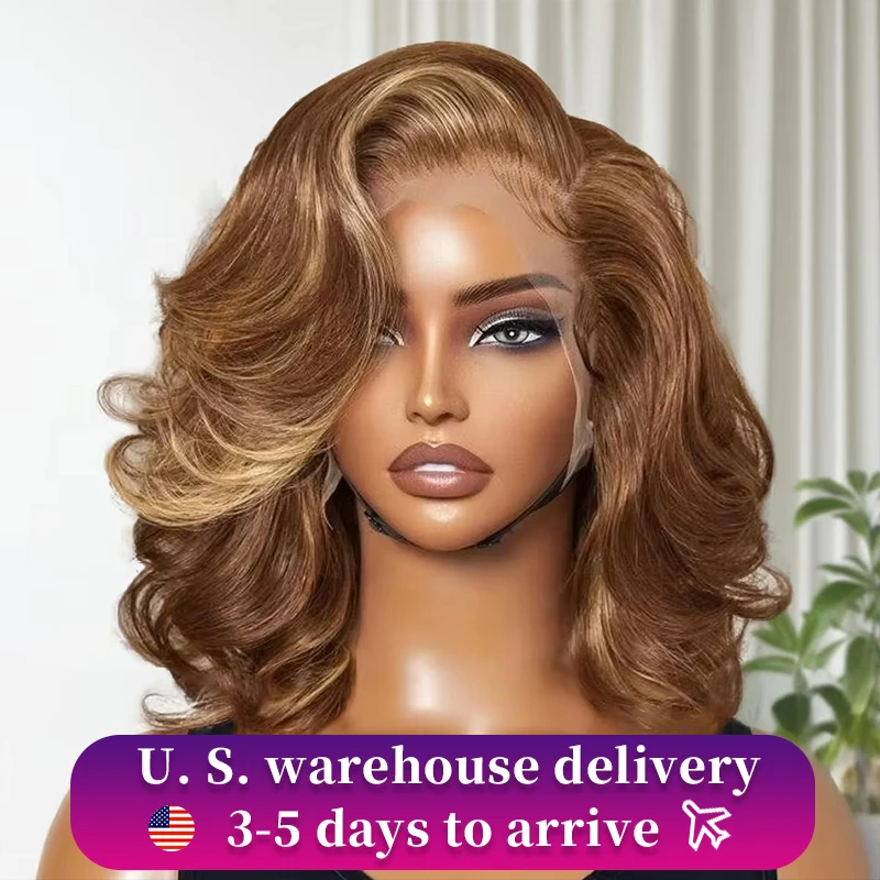 

Short Bob 13x6 Honey Blonde Highlight Bouncy Loose Body Wave 6x6 Closure Glueless Loose Body Wave Wig 100% Human Hair