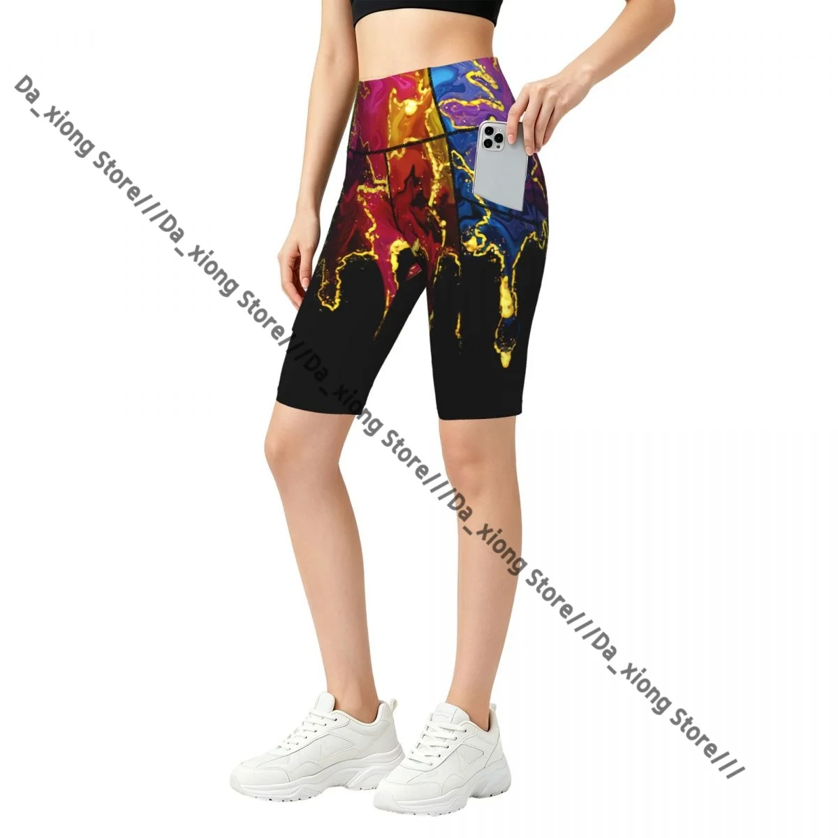 Ladies Yoga Shorts Rainbow Marble Abstract Pattern Breathable Gym Running Workout Pants