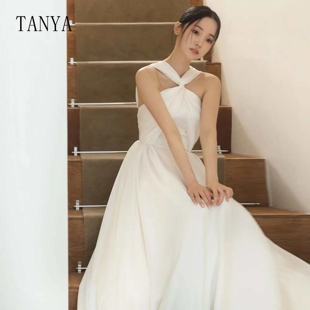 Elegante abito da sposa con scollo all'americana senza maniche una linea lunghezza del pavimento abito da sposa semplice in Chiffon nuovo abito da sposa con cappuccio TSWD323