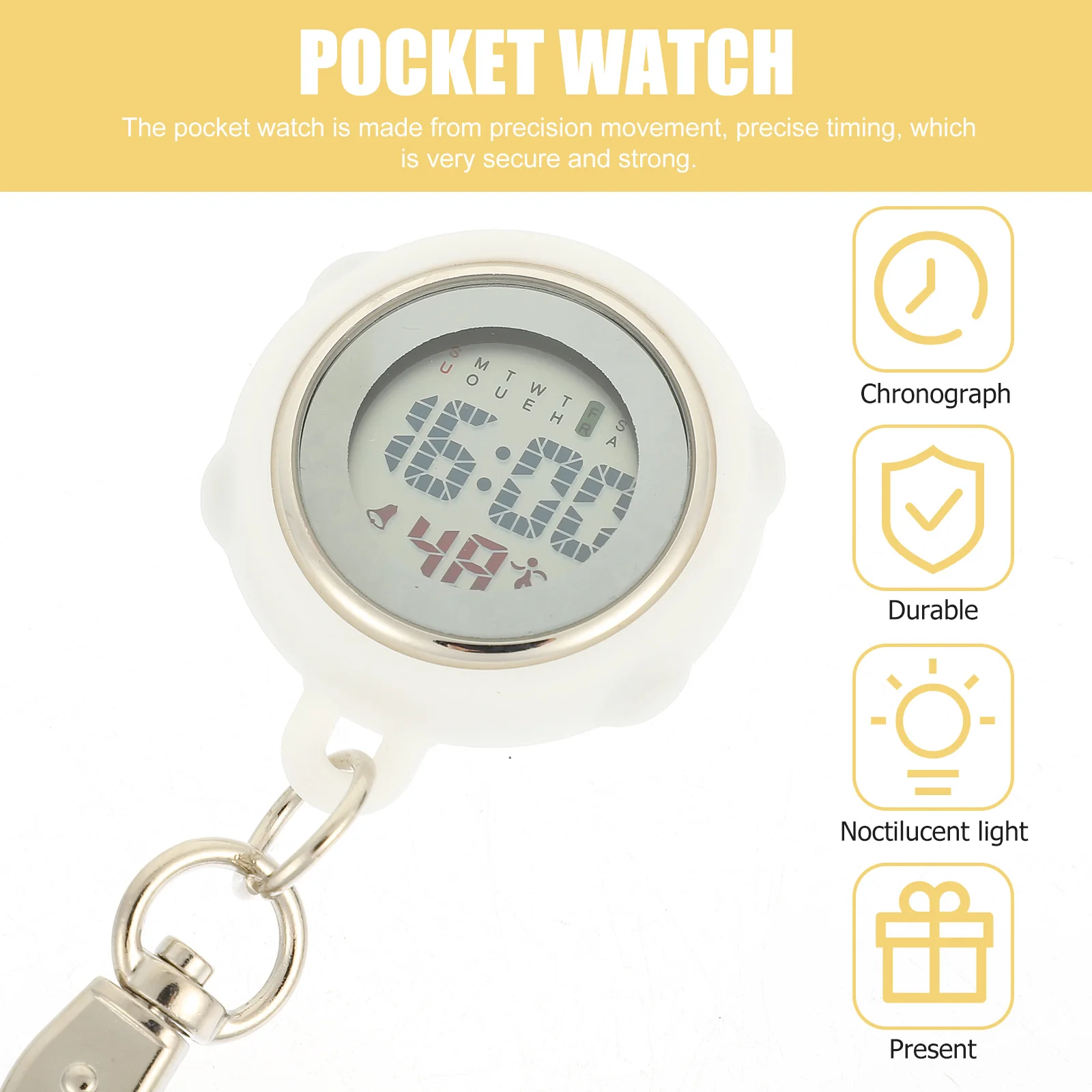 Durable Glass Pocket Buckle Design Clip On Chest Watch for Nurse Lightweight Precise Timing Component White Color