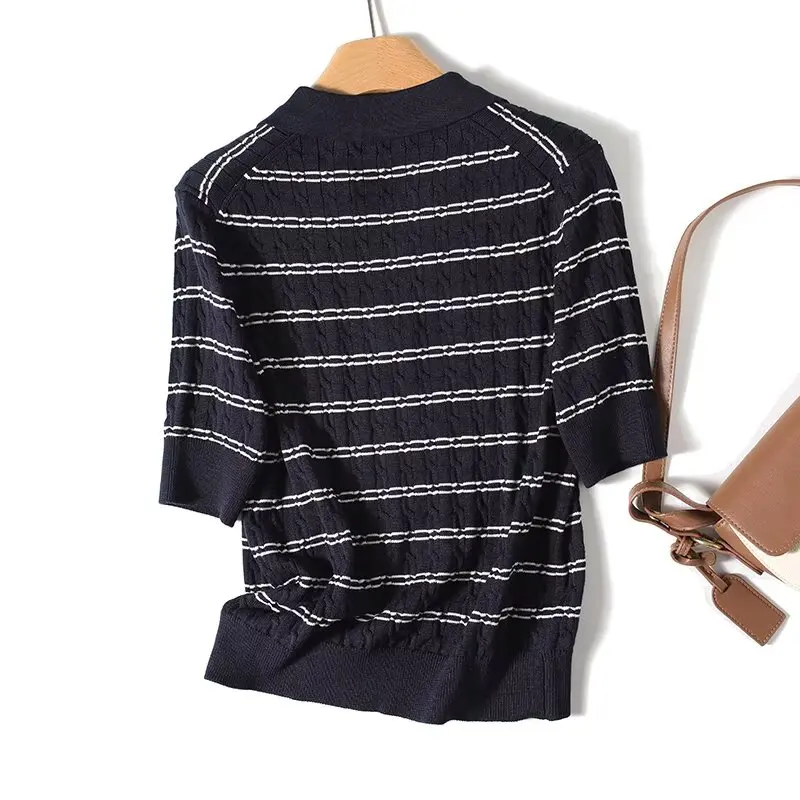 Dave&Di Nordic Minimalist Navy Blue Striped Polo Shirt T-shirt French Elegant Commuter Casual Summer T-shirt Women Top