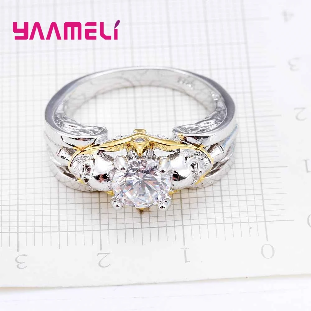 Personality Skull Round Crystal Stone Ring Engagement Bride Wedding Jewelry 925 Sterling Silver CZ For Women