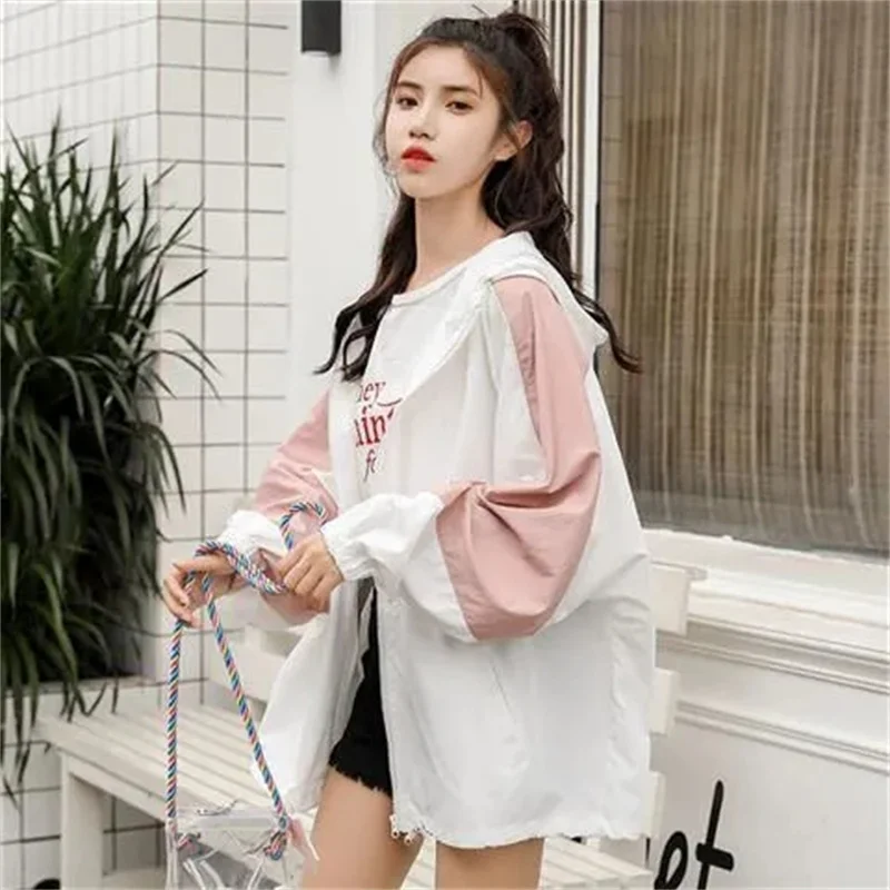 Sunscreen Clothes for Women 2025 New Student Harajuku BF Style Loose and Versatile Thin Coat Hooded Drawstring Sunscreen Clothes