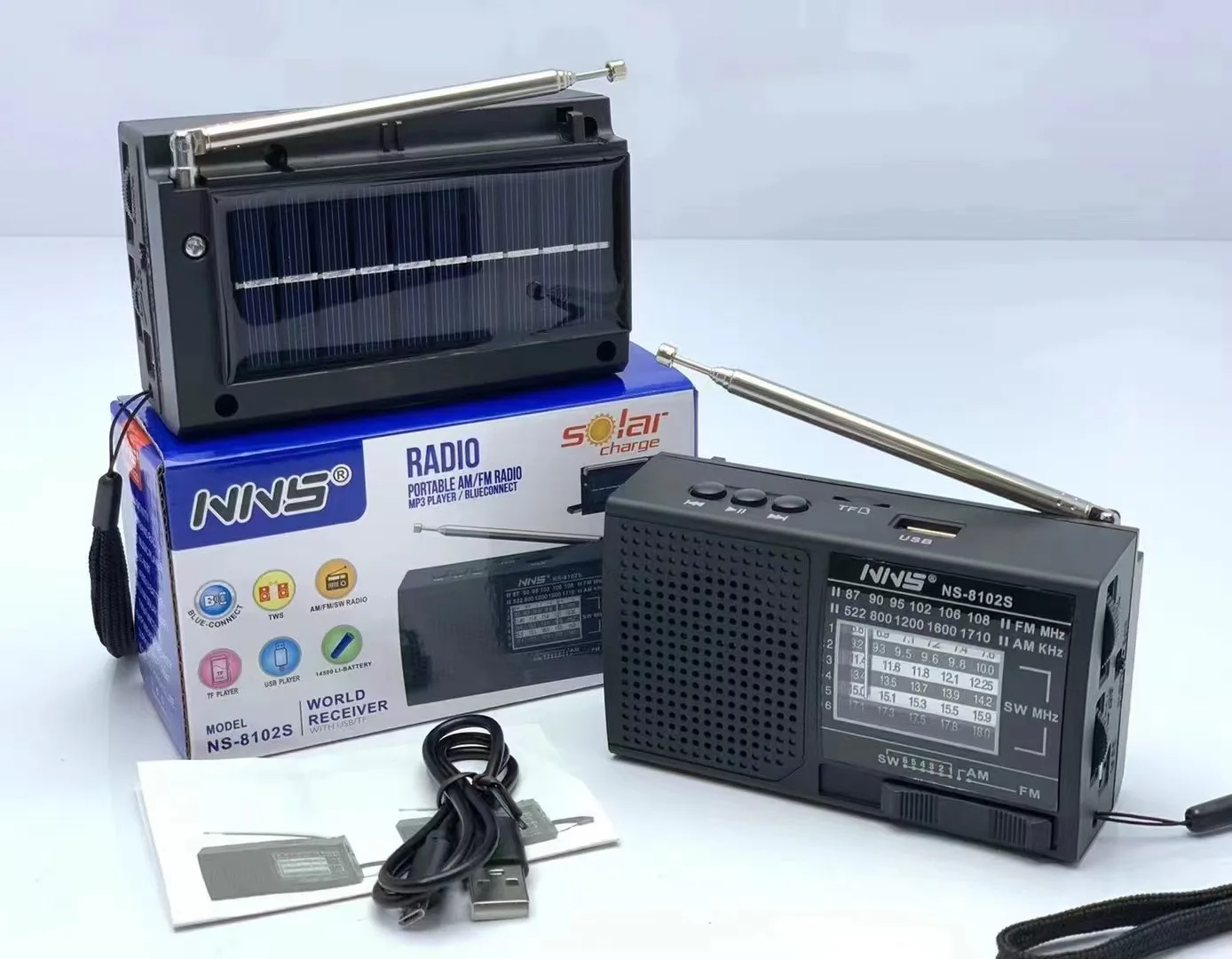 

NS-8102S Solar Panel Charging Usb Tf Music Player Fm Am Sw 3 Band Radio With Bt Popular In Southeast Asia And South America