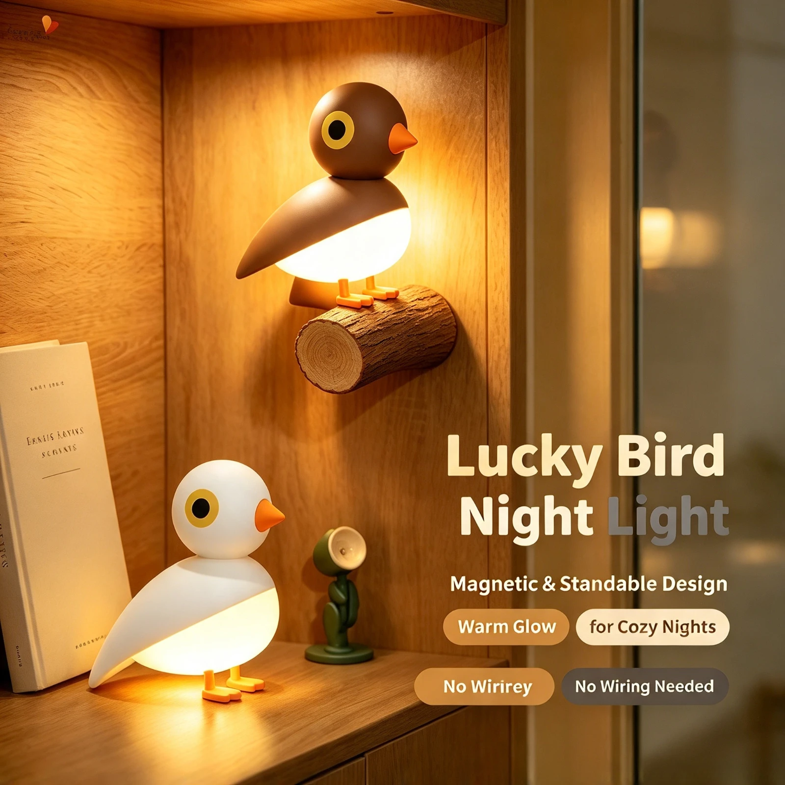 Magnetic LED Night Light Motion, Sensor Rechargeable Lucky Bird Lamp, Cute Animal Table Desk Bedroom, Wardrobe USB Decor Gift