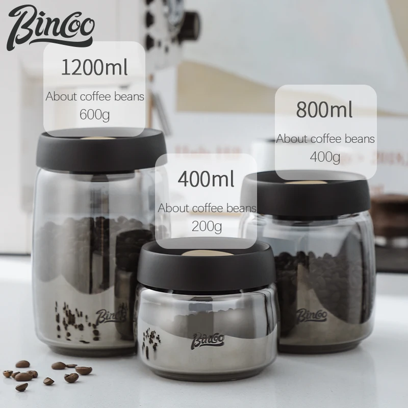 Jarra de almacenamiento de granos de café Bincoo, tarro sellado al vacío de vidrio, tarro de almacenamiento tipo empuje para café en polvo