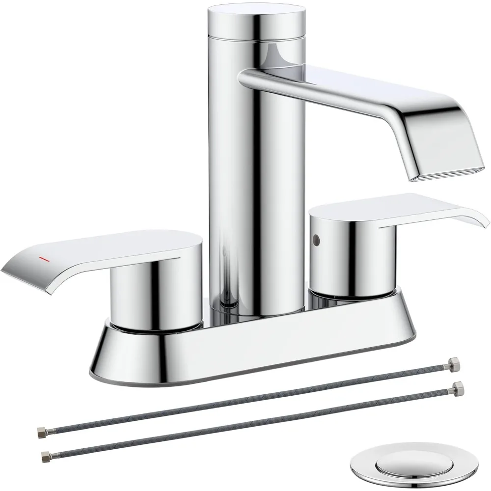 

Chrome Waterfall 4-Inch Bathroom Faucet, 2-Handle Centerset (2/3 Hole) Stainless Steel, Overflow Pop-Up Drain & Hose