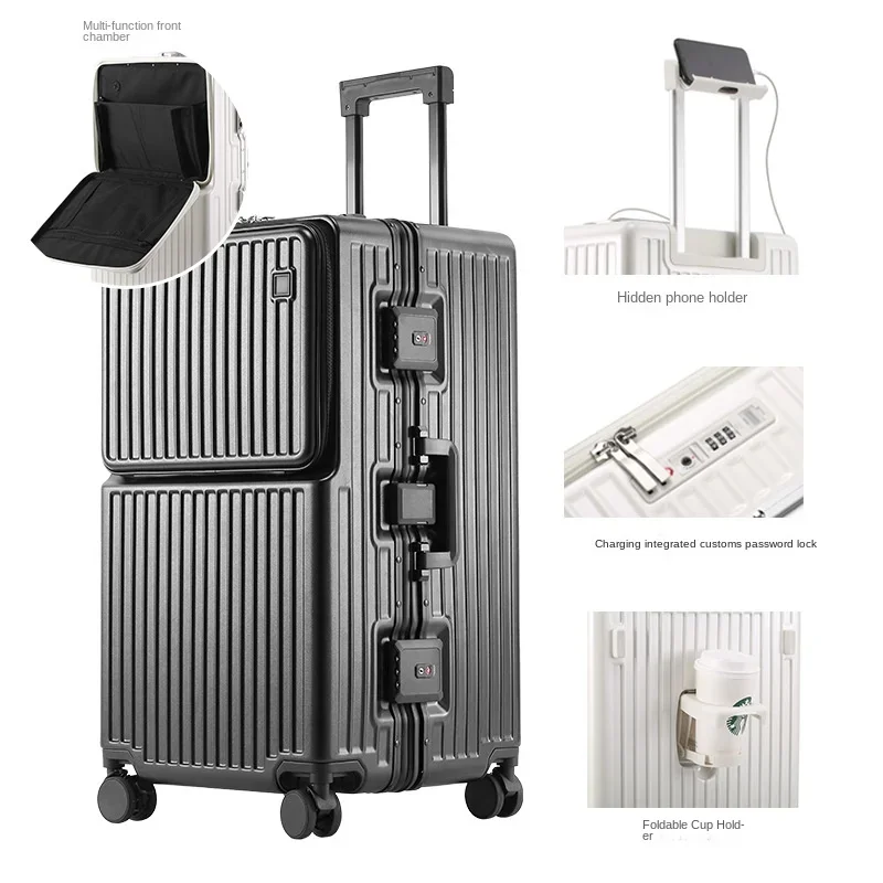 Grote capaciteit 26 28 30 32 inch reiskoffer rolbagage aluminium frame koffer trolley koffer met bekerhouder reistas