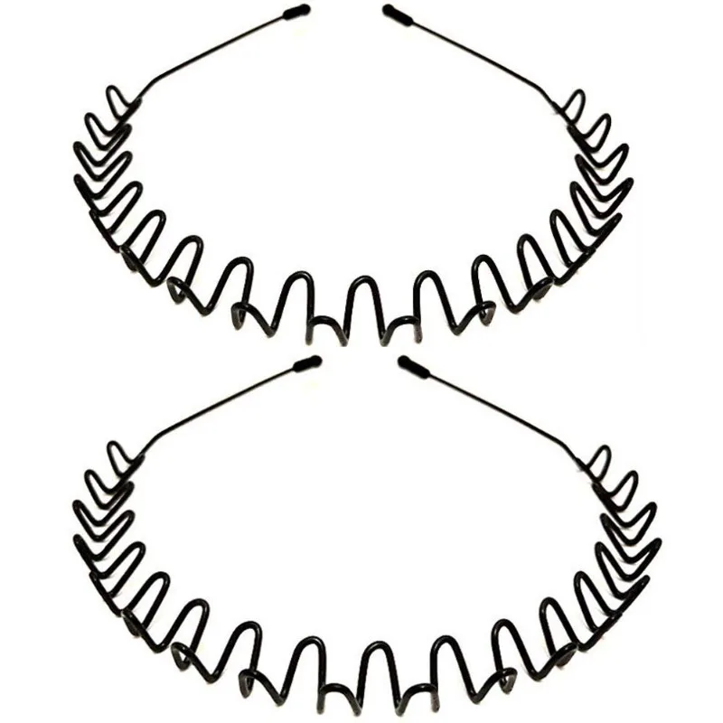 2팩 블랙 메탈 스프링 웨이브 헤어밴드, 남녀공용 미끄럼 방지 패션 스포츠 모자