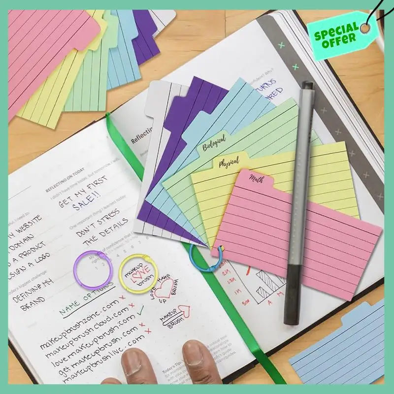 بطاقات فهرس A95Q-300، بطاقات فهرس مسطرة مقاس 3 بوصة × 5 بوصة مع حلقة، بطاقات فلاش مبطنة ملونة، بطاقات ملاحظات على كلا الجانبين