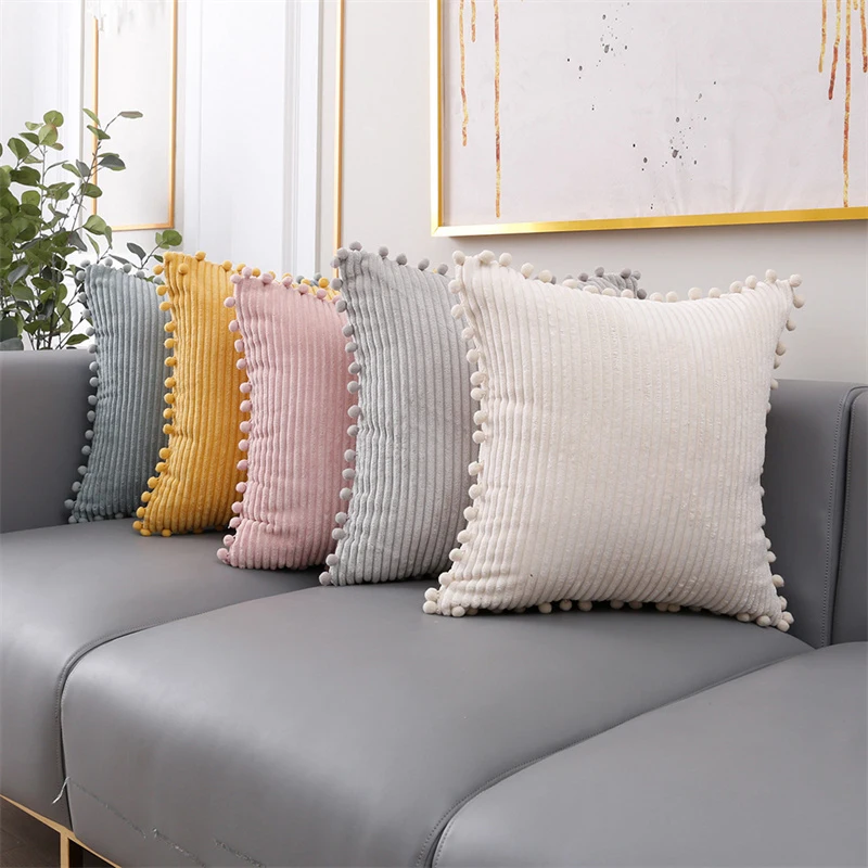 Solid Color Cushion Cover Without Filler Thick Corduroy Pompom Cushion 45x45 Pillow Hugs Tripe Pillow Cover For Sofa Living Room