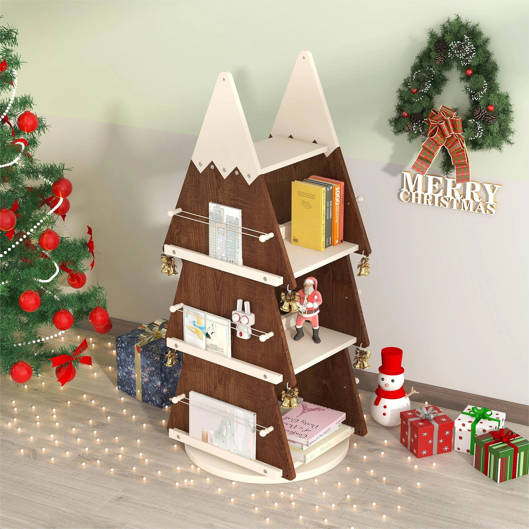 

Christmas Tree Rotating Bookshelf Wooden Storage Rack for Kids Room 360° Display Organizer for Childhood Room Study Room 2 Color