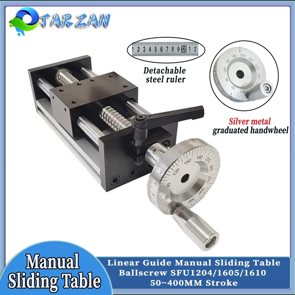 

CNC Linear GuideStage Manual Sliding Table 50~400MM Stroke C7 Ballscrew SFU1204/1605/1610 With Handwheel Workbench 40KG Max Load