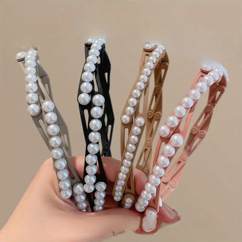

Foldable Travel Hair Band with Pearl Detail for Women Portable Flyaway Management Headband Elegant Hair Accessories