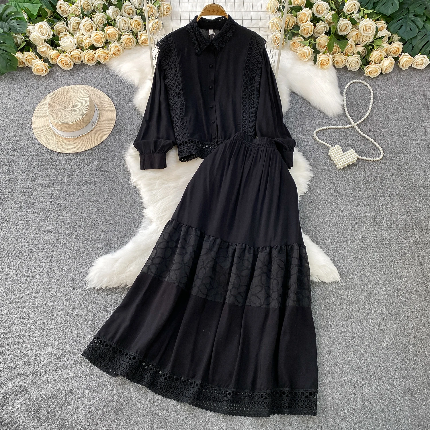 Rok Renda Musim Panas Dua Potong Set Kerah Kancing Sebaris Kemeja Lengan Panjang Pola Bunga Setelan Rok Tambal Sulam Set Wanita Prancis