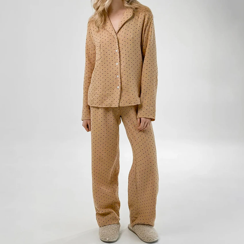 

HiLoc Autumn Elegant Polka Dot Trousers Sets Home Long Sleeve Pajamas 2025 Button Up Blouse With Long Pants 2 Piece Casual Suits