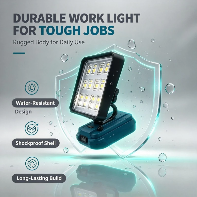 Portable LED Work Light With Hooks Adjustable Base Rechargeable LED Flood Light Compatible with Battery