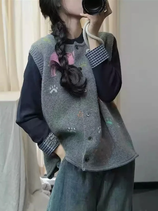 

Свободный повседневный вязаный жилет, женский модный осенне-зимний кардиган, нейлоновая ткань, животный узор, принт для поездок на работу, стандартный крой, длинный...