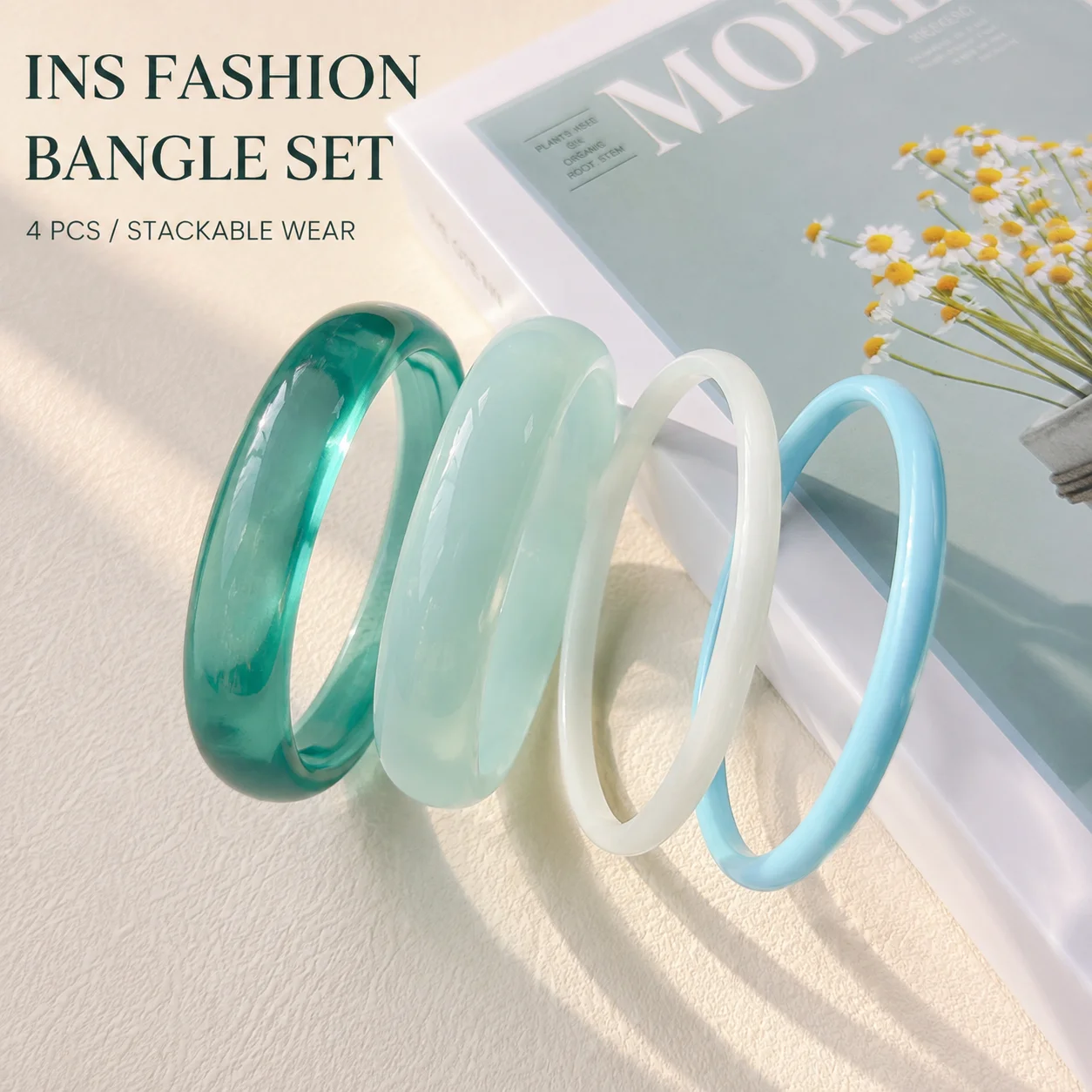 Ins Style Semi-Transparent Resin Bangle, Geometric Stackable Bracelet for Women Minimalist Layered Jewelry Gift
