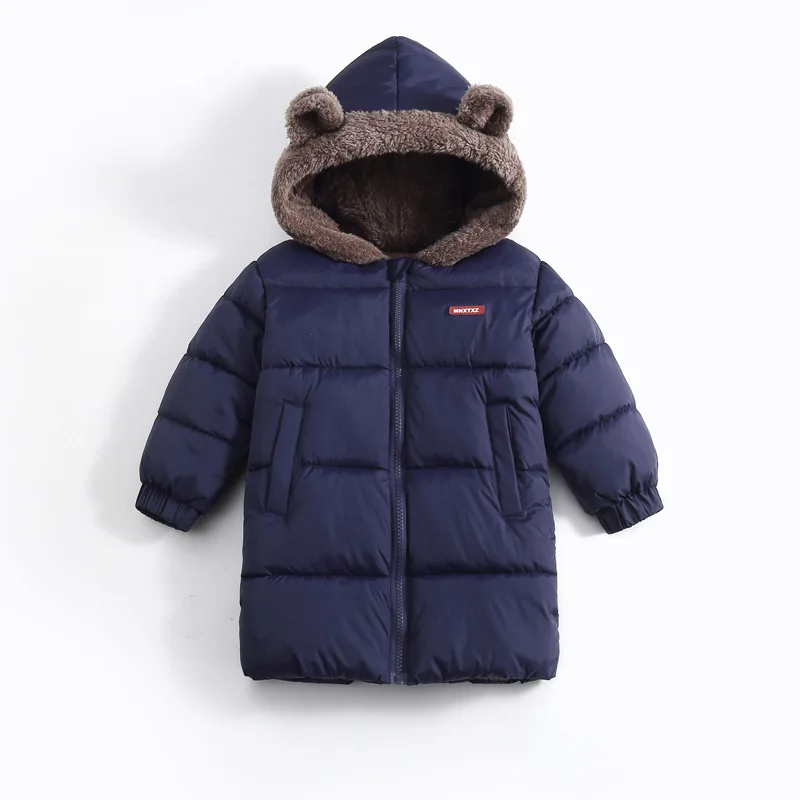 New children's double-sided winter down cotton jacket for boys and girls, medium length bear ear hooded warm coat