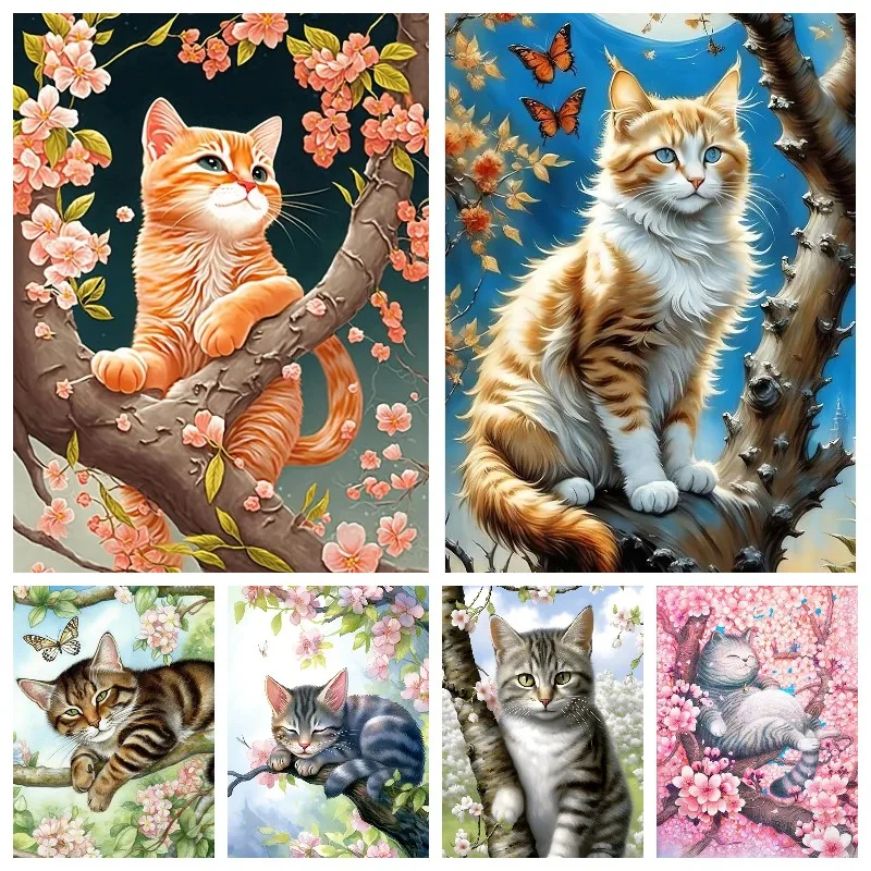 Póster de gato en árbol, pintura de diamantes, imágenes de gemas de gatito divertido de la naturaleza, decoración de pared de estudio de oficina, manualidades DIY sin terminar