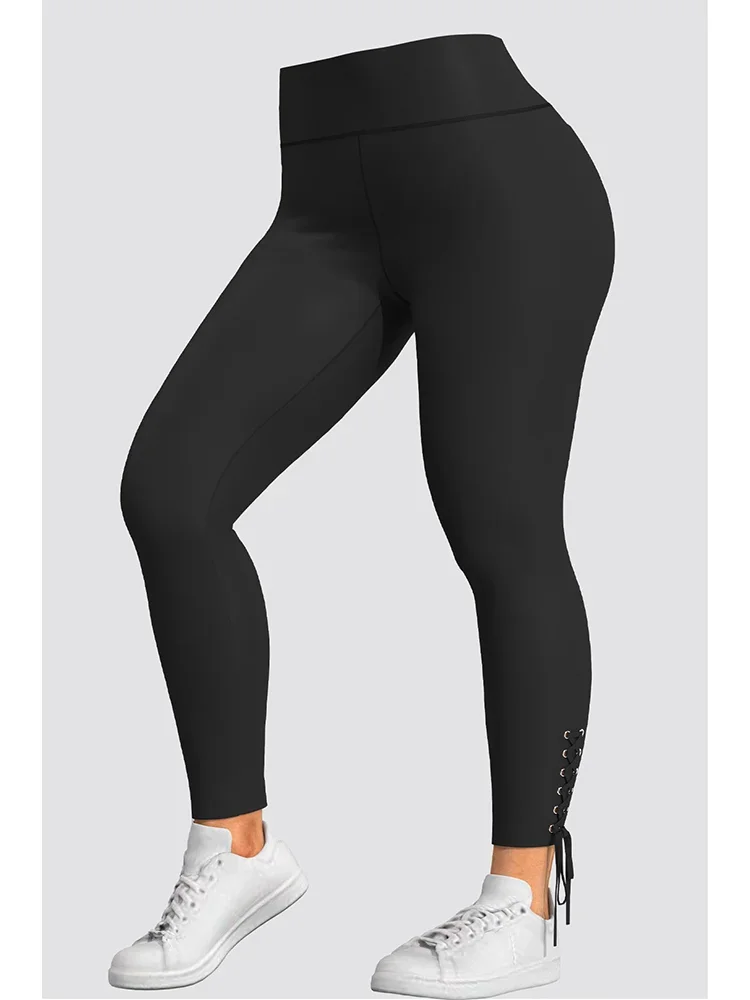 Plus Size Black Casual Leggings Pants with Lace Up Waist Closure Women\'s Slim Tight-Fitting Elastic High Waist Black Pencil Pant