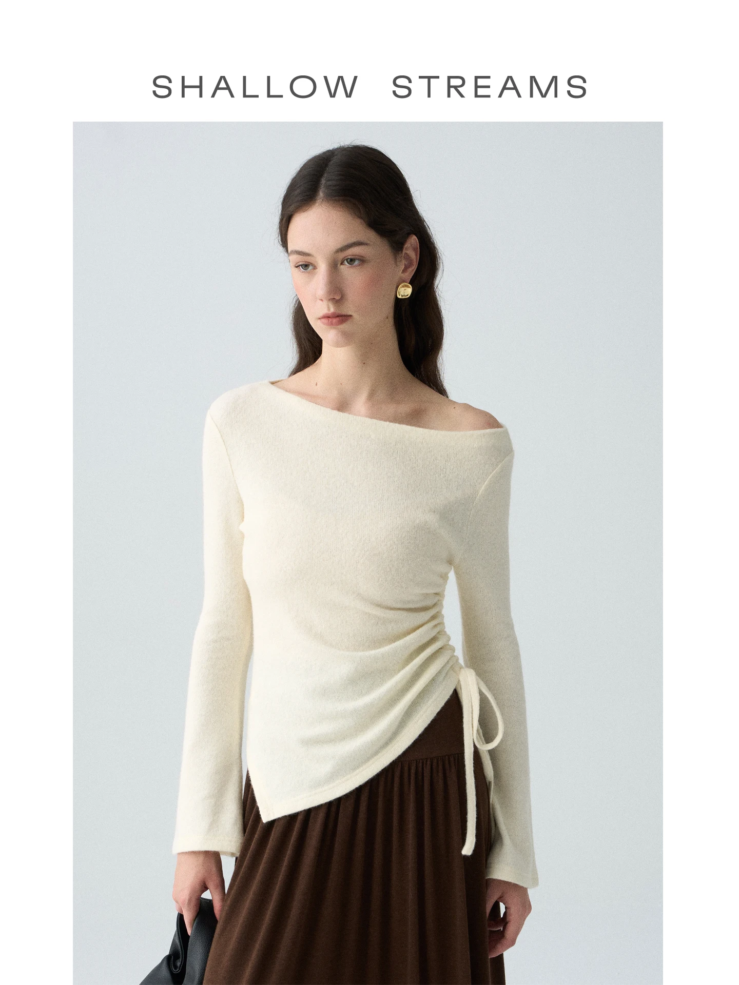 

Long Sleeve Knitted Woolen Sweater Side Drawstring Design Casual Style Base Layer Top for Women in Beige Color by Shallow Str...