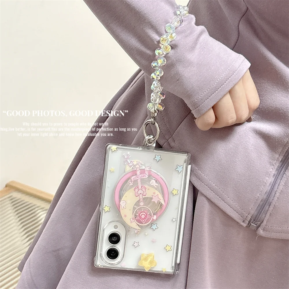 Cute Girl Moon Star Magnetic Phone Case For Samsung Galaxy Z Fold 8 Ultra 7 6 5 Cover With Sparkling Crystal Bead Hand Strap