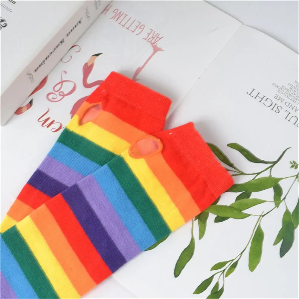 Women Winter Elbow Length Fingerless Arm Sleeve Warmer Rainbow Colored Striped Knitted Sunscreen Girl Halloween Costume Gloves