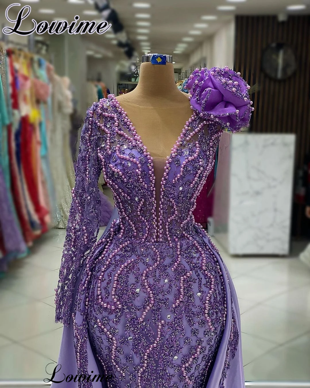 Two Pieces Purple Pearls Evening Dresses With Detachable Train One Shoulder Elegant Celebrity Dresses For Women Robes De Soirée