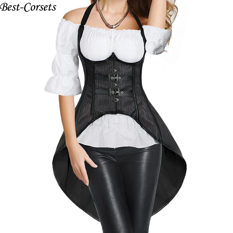 Steampunk Corset Bustier Top Blouse 2 Pieces Black Gothic Underbust Corset Striped Long Straps Burlesque Costume Women