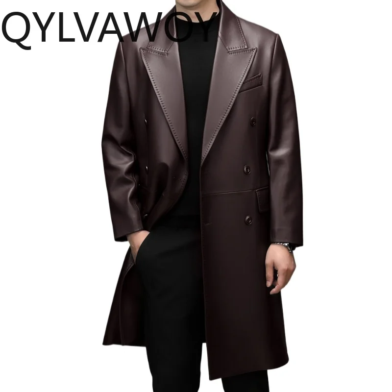 

Кожаная куртка QYLVAWOY из натуральной овчины для мужчин, осенне-зимняя, средней длины, двубортный кожаный тренч