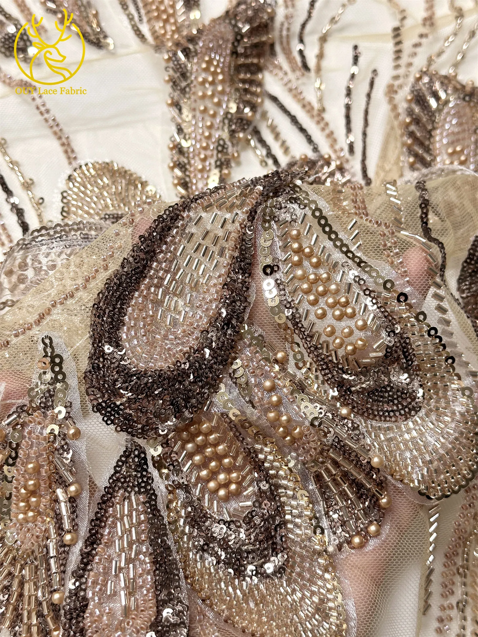 3D Luxus Afrikanischer bestickter Perlen-Mesh-Spitzenstoff, 5 Yards, französischer Tüll-Pailletten-Spitzenstoff für nigerianische Hochzeitskleider zum Nähen – Detail 11
