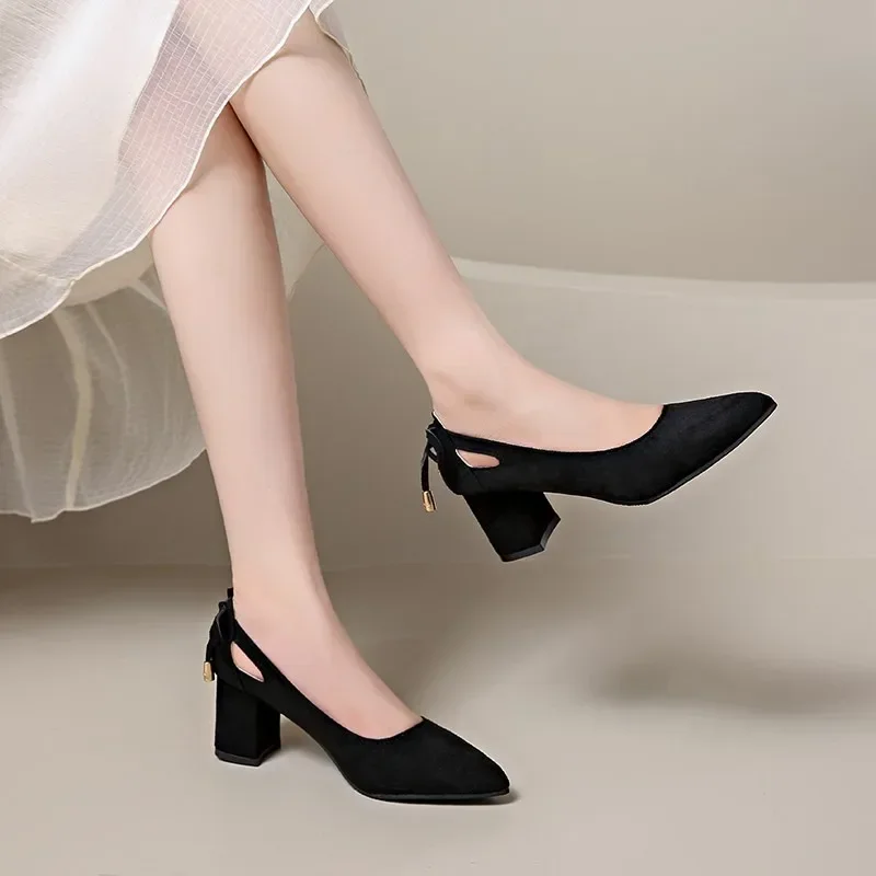 Closed Pointed Toe Pumps Anti Slip Fashion Court Shoes with Bow Classic Chunky Heels Pumps Comfortable for Party Vacation