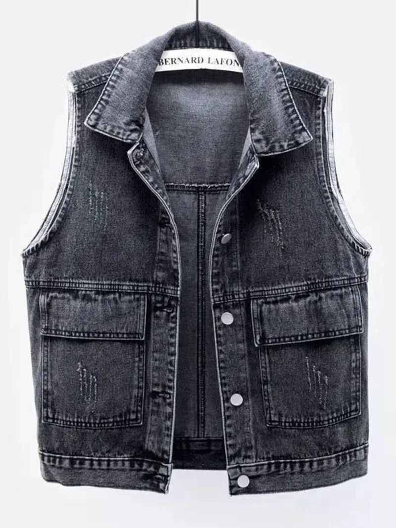 Spring and summer new denim vest women\'s short Korean version loose and versatile large pocket sleeveless vest jacket waistcoat