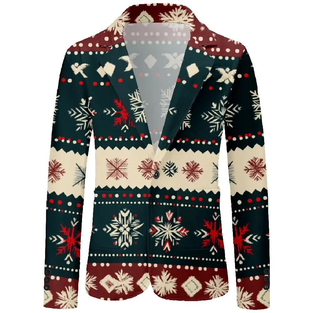 Men's Festive Blazer with Reindeer Snowflake Pattern Colors Striped Christmas Coats for Holiday Party Themed Wedding Casual Wear