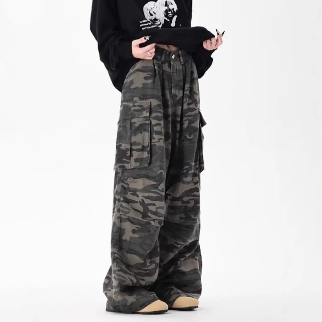 Pantalon de Camouflage américain rétro pour hommes et femmes, avec multi-poches, Design droit plissé, Denim ample à jambes larges, printemps automne