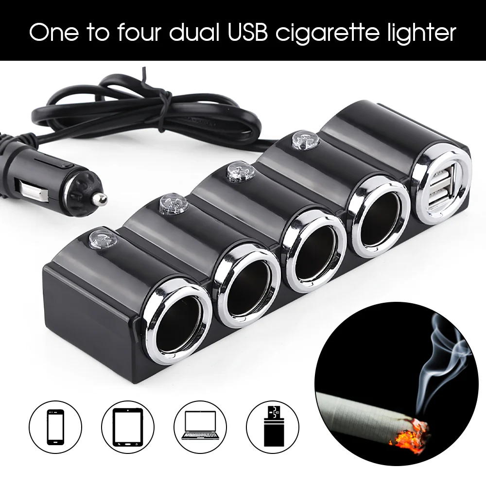 DC 12V/24V USB 4 Way Multi Socket Auto Car Cigarette Lighter Splitter USB Power Adapter Charger with Switch Charger