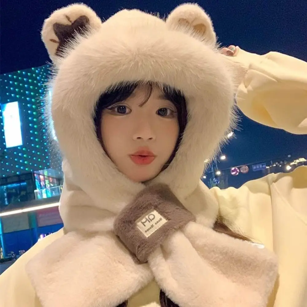 Cute Ear Protection Scarf Cap Windproof Rabbit Ears Plush Scarf Hat Plush Warm Cap Autumn Winter