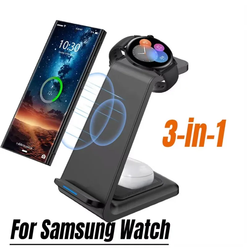 

Беспроводная зарядная станция 3-в-1 для Samsung Galaxy Watch, iPhone 17, 16, 15, 14, 13, 12, Apple Watch 10, 9, быстрая зарядка